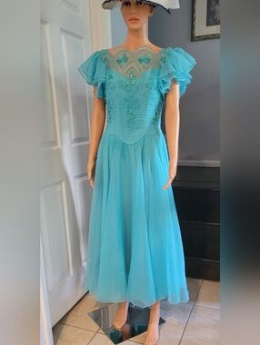 Blue Floral Lace and Chiffon Midi Dress